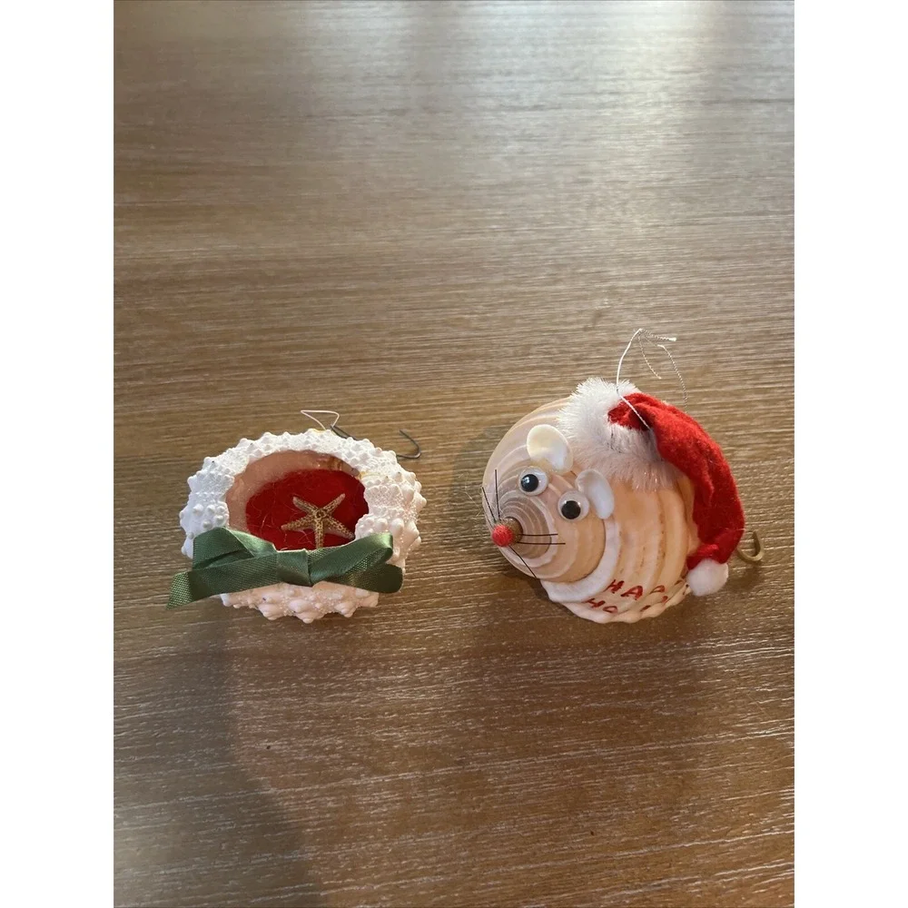 Lot Of 2 Vintage Real Sea Shell Mouse Christmas Ornament Handmade